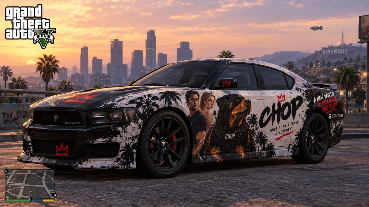 A Bravado Buffalo in CHOP livery on a Vinewood overlook at sunset