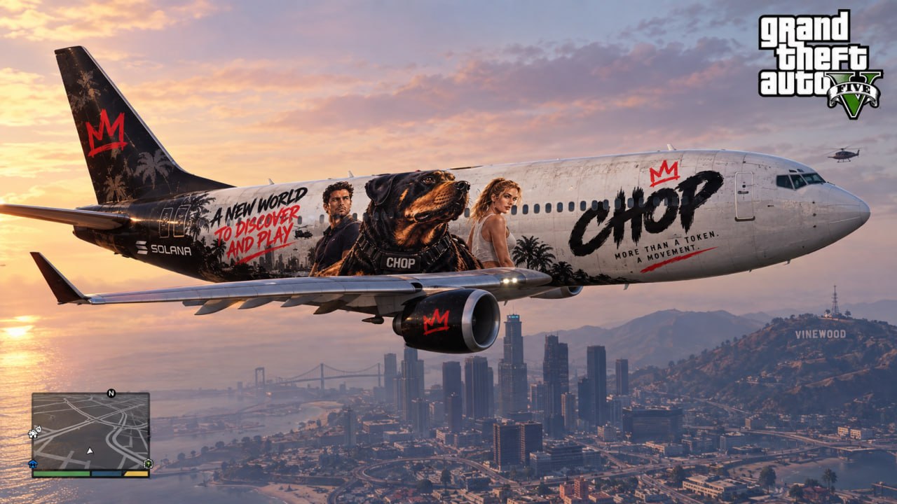A passenger jet in CHOP livery flying over Los Santos